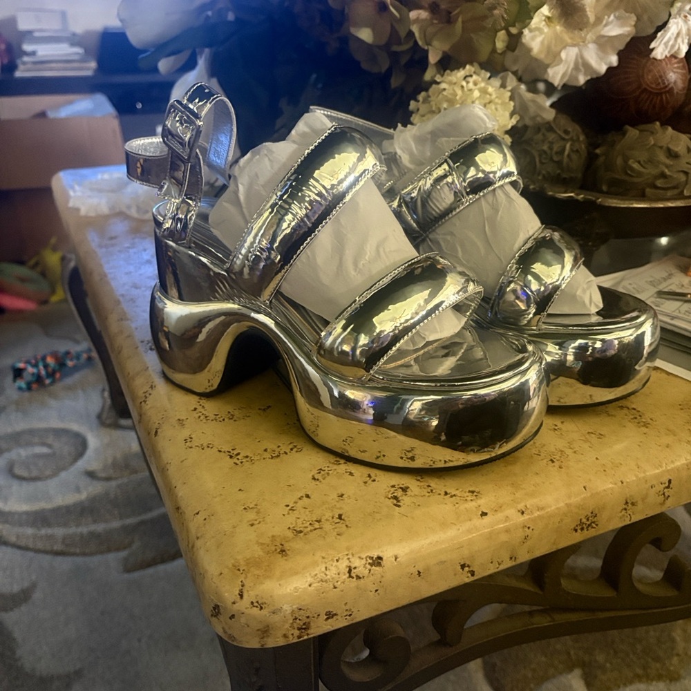 Women's Silver Metallic Platform Sandals with Chunky Heel